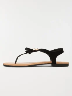Sandales pompons talon plat noir (36-41)