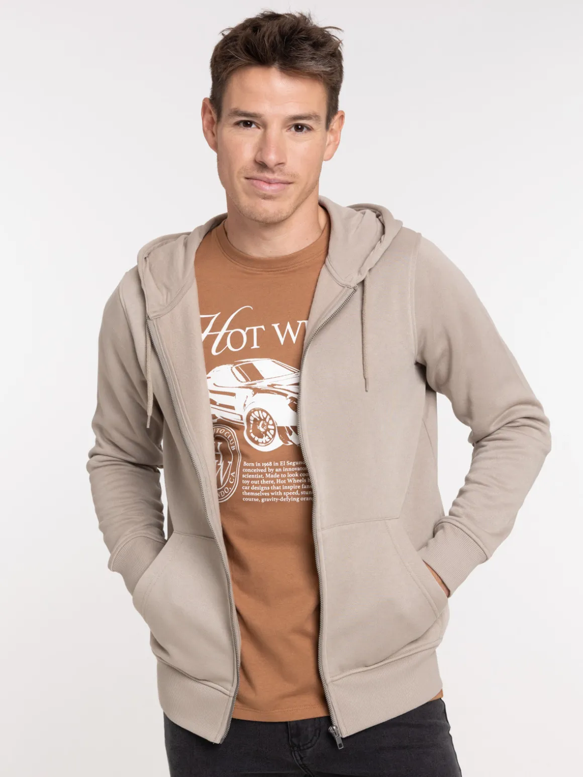 Sweat zippé capuche taupe grise homme