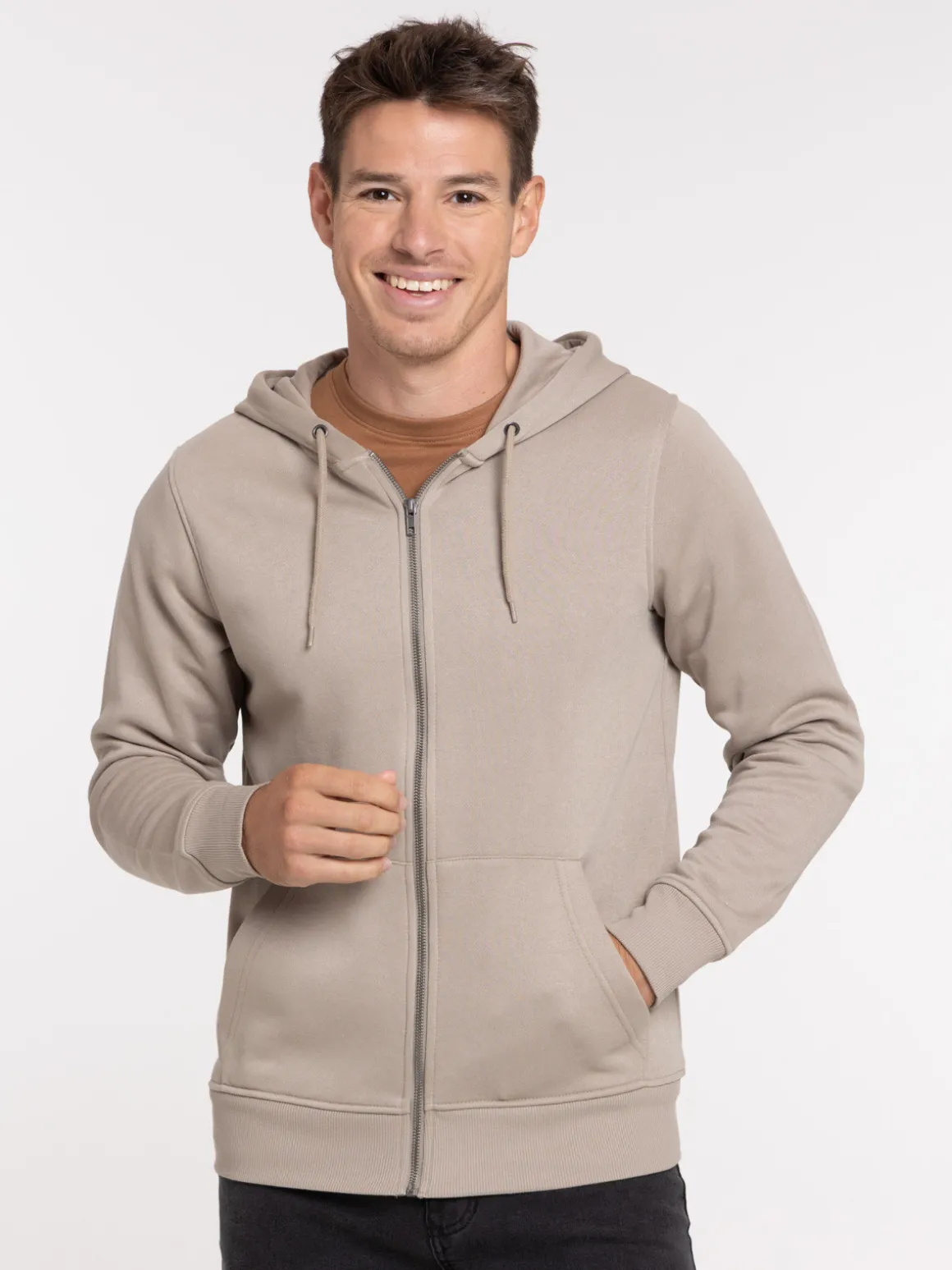 Sweat zippé capuche taupe grise homme
