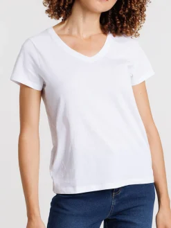 Tee-shirt blanc col V femme