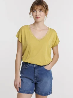 Tee-shirt col V dentelle olivette femme