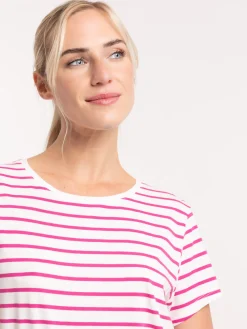 Tee-shirt écru rayé fushia femme