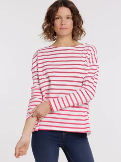Tee-shirt écru rayé rose femme