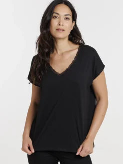 Tee-shirt noir col V dentelle femme