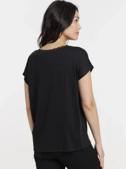 Tee-shirt noir col V dentelle femme