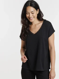 Tee-shirt noir col V dentelle femme