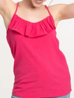 Top à bretelles seersucker fushia femme