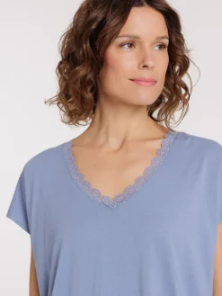 T-shirt col V dentelle denim blue femme