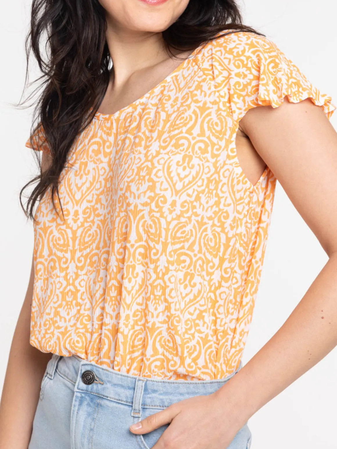 T-shirt col V imprimé orange peps femme