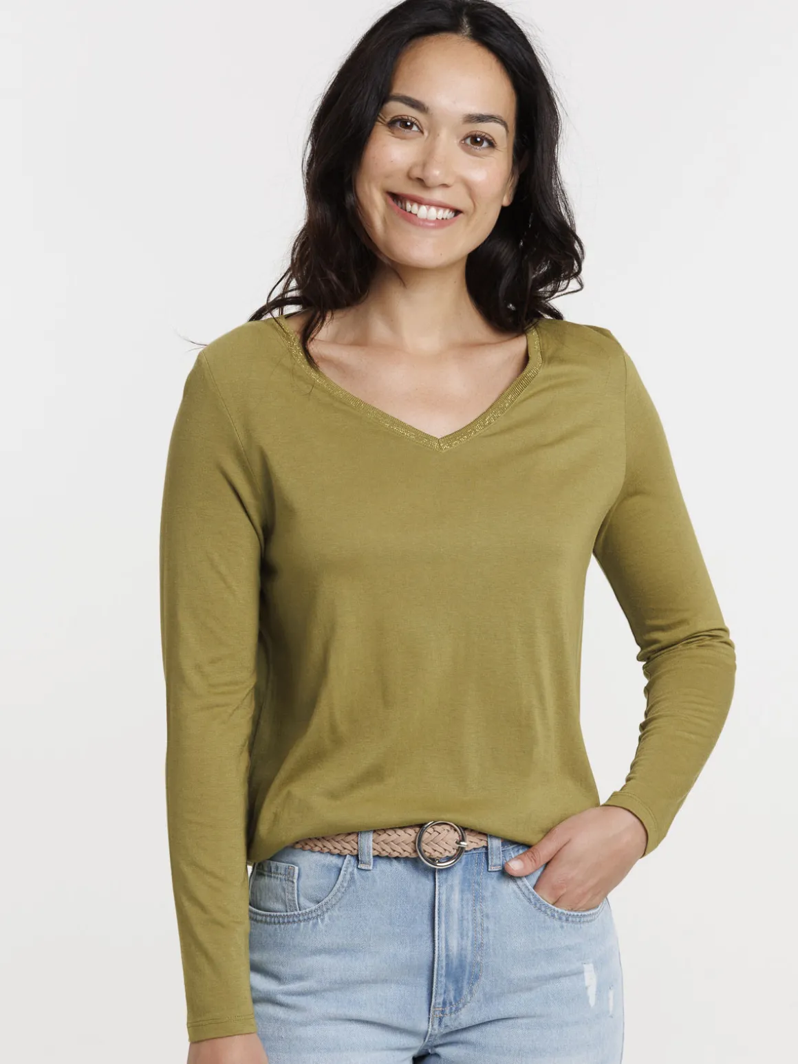 T-shirt col V manches longues femme