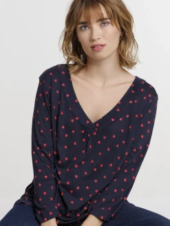 T-shirt col V motif coeur femme