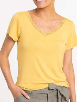 T-shirt col V ocre femme