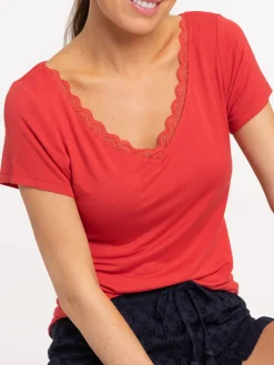 T-shirt col V rouge femme