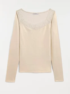 T-shirt écru col V dentelle femme