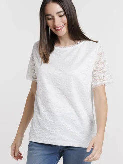 T-shirt dentelle blanc cassé femme
