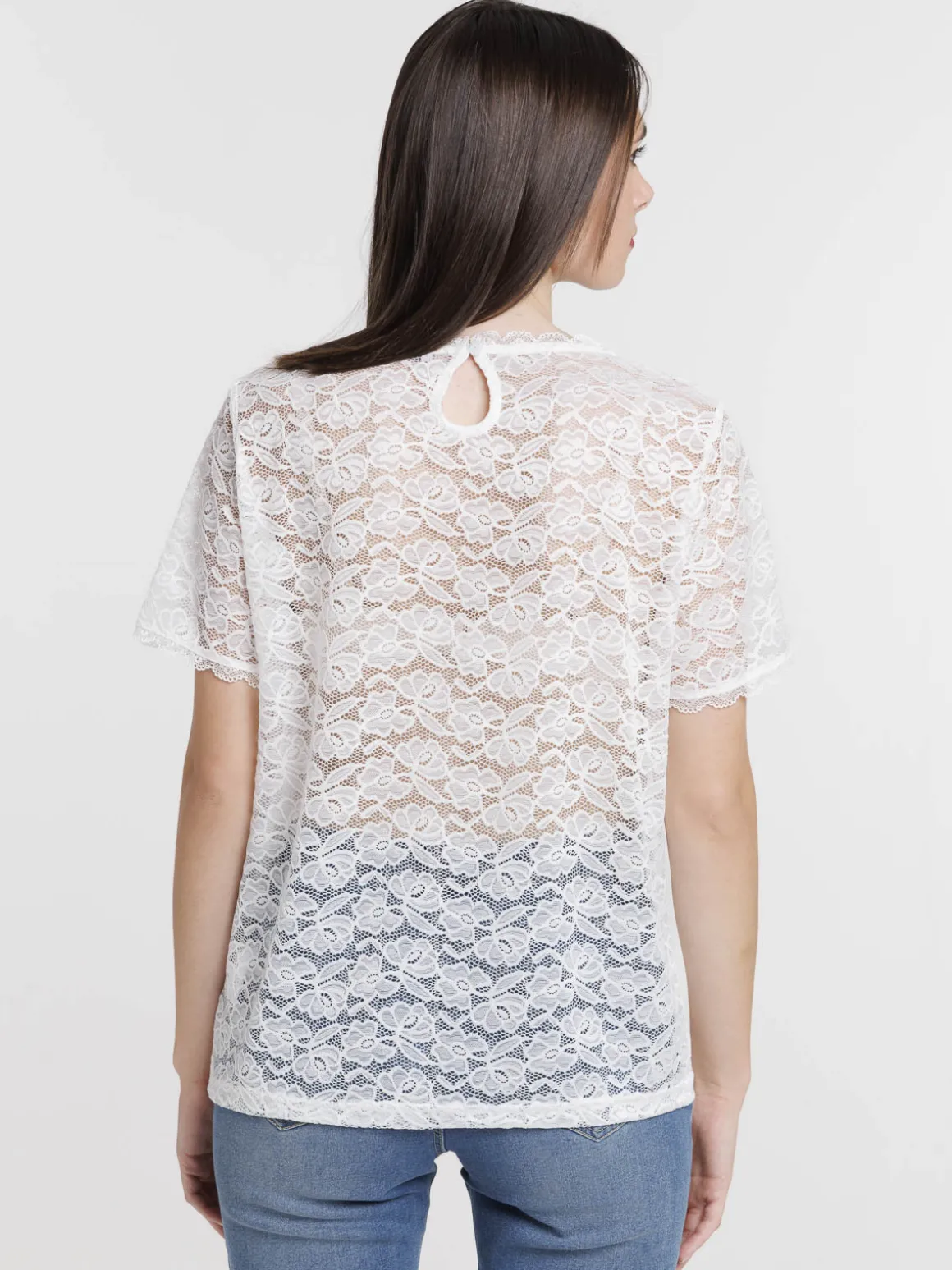 T-shirt dentelle blanc cassé femme
