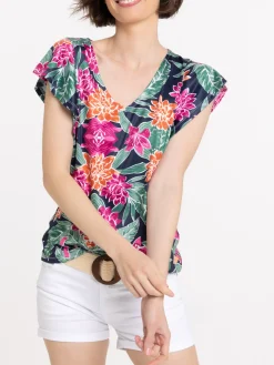 T-shirt fleuri manches volantées femme