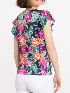 T-shirt fleuri manches volantées femme