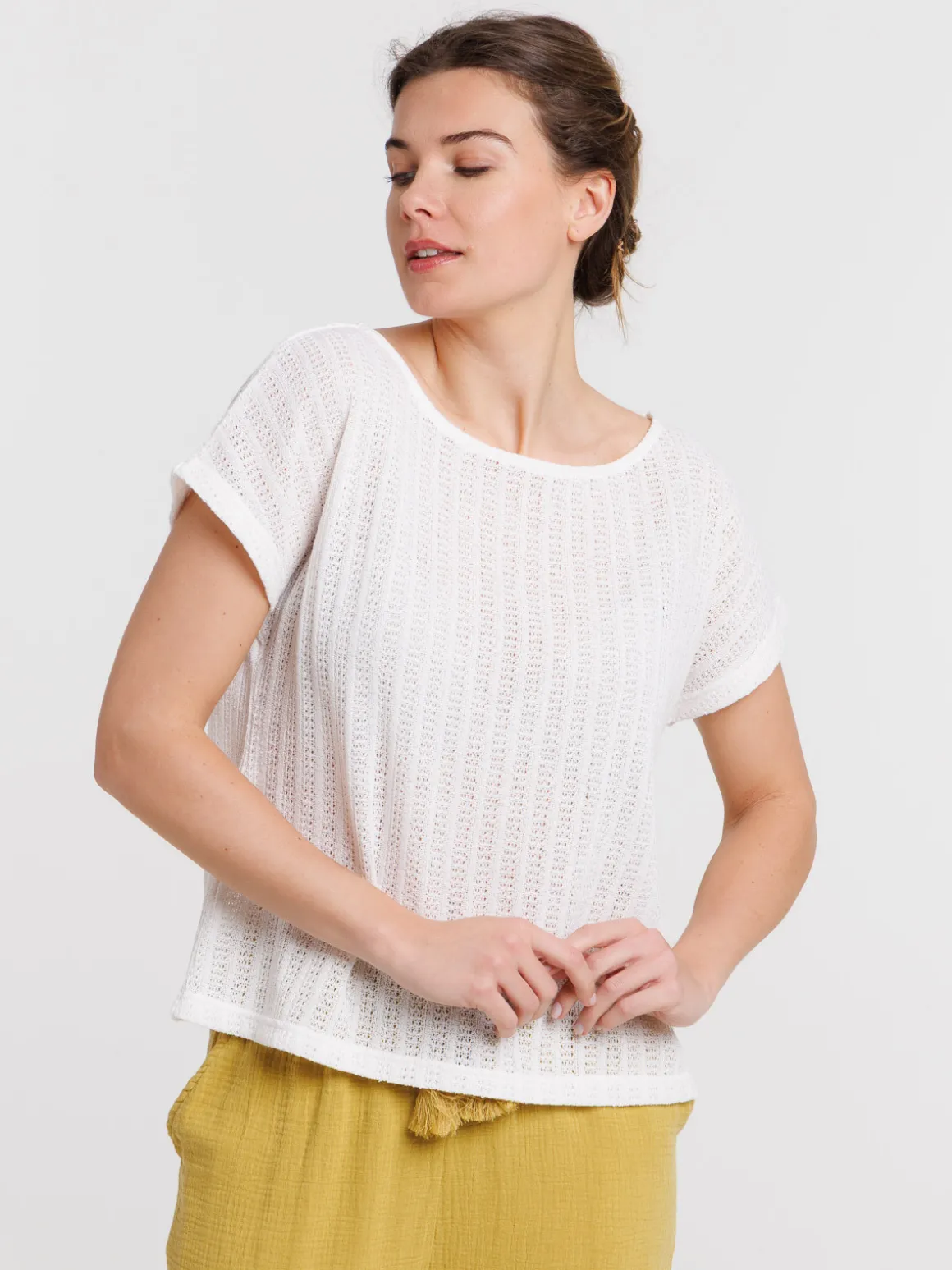 T-shirt maille ajourée écru femme