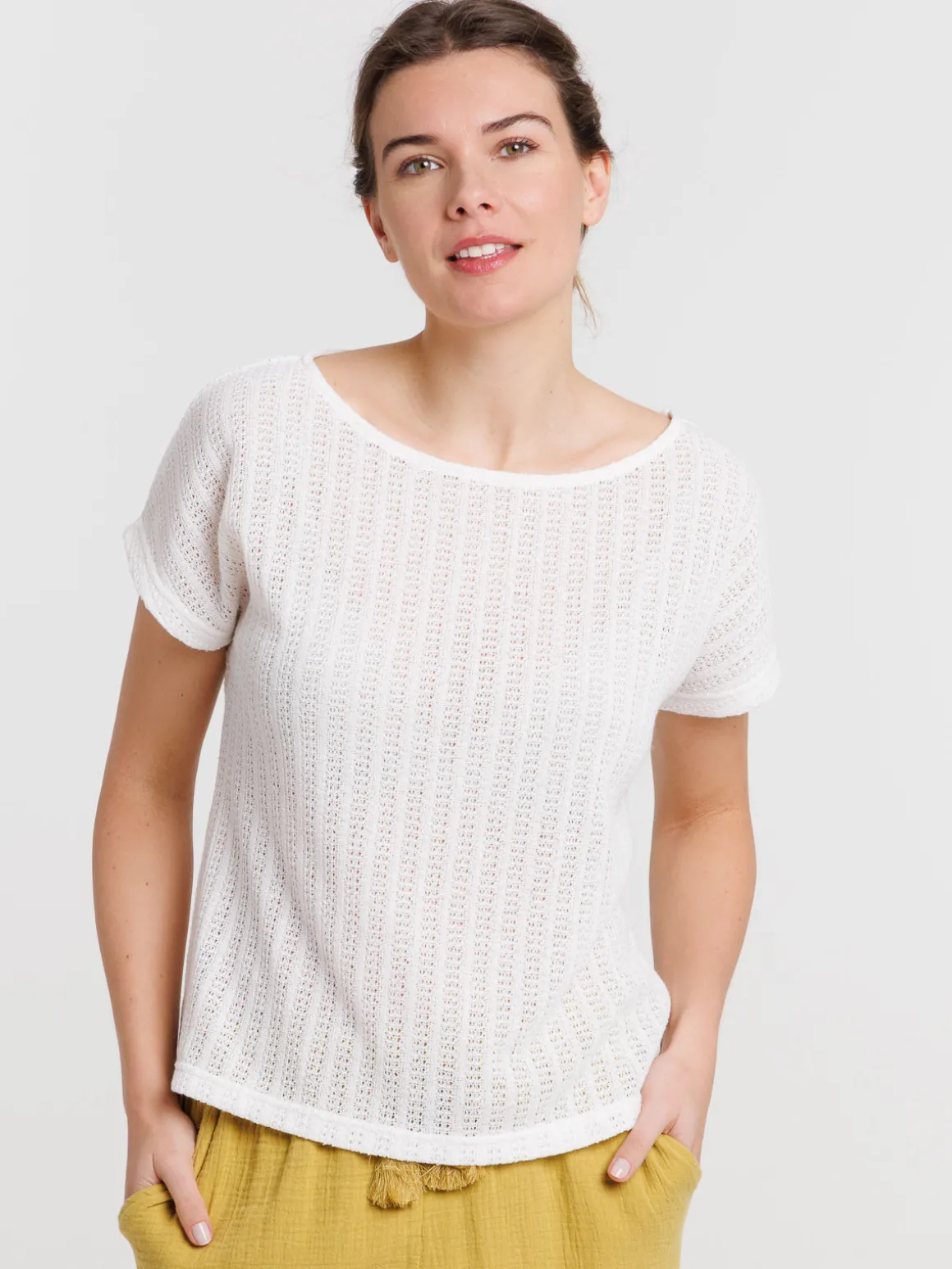 T-shirt maille ajourée écru femme