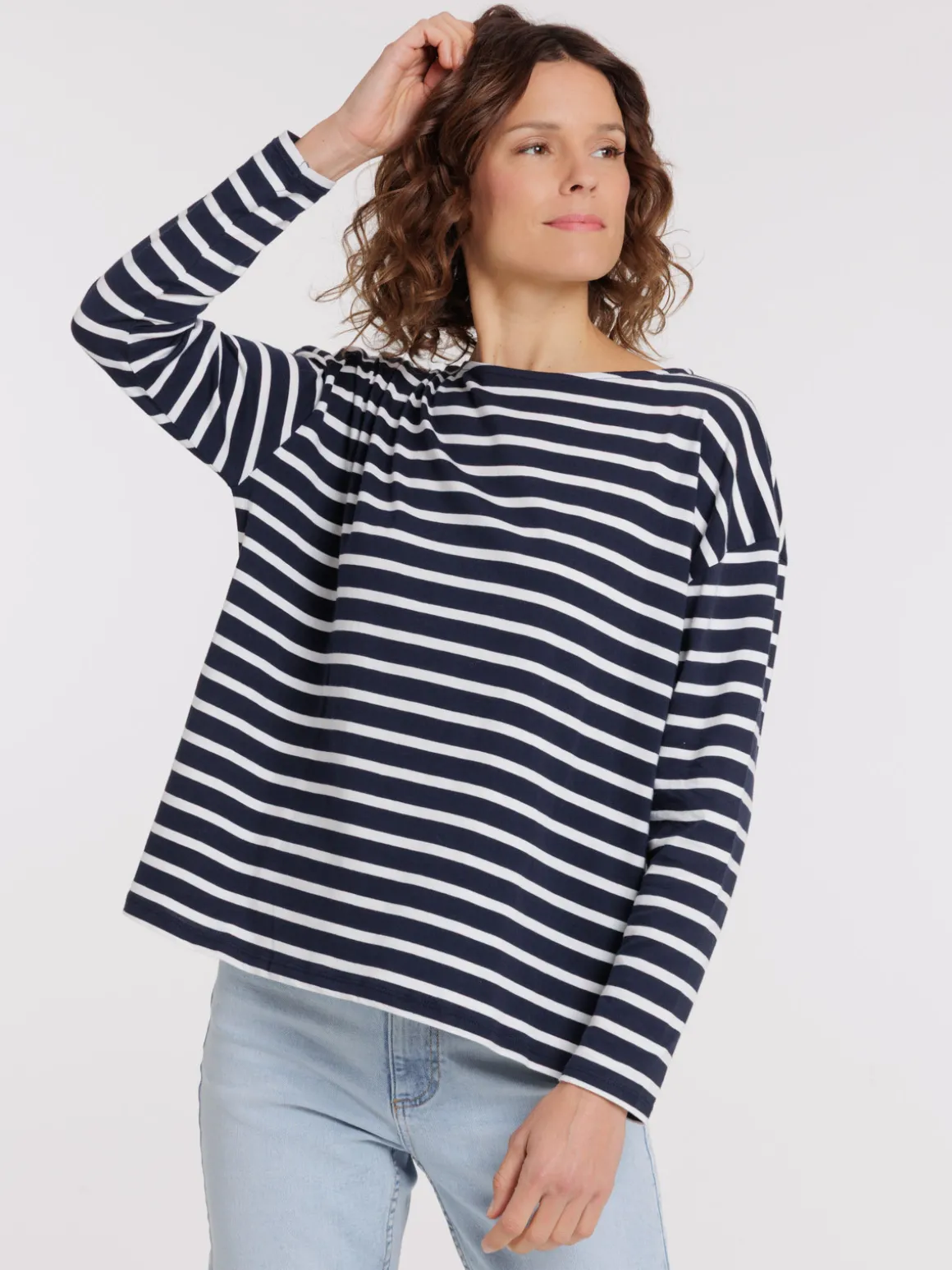 T-shirt marine navy rayé écru femme