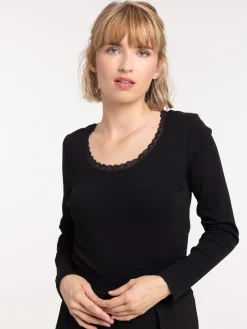 T-shirt noir col rond dentelle femme