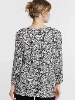 T-shirt noir imprimé végétal femme
